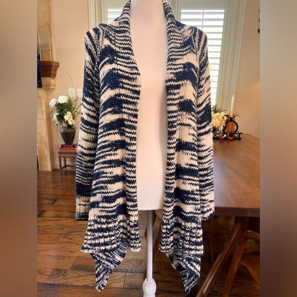 Cotton On Blue Cream Space Dye Marled Knit Draped High Low Cardigan Coastal M - Picture 2 of 5